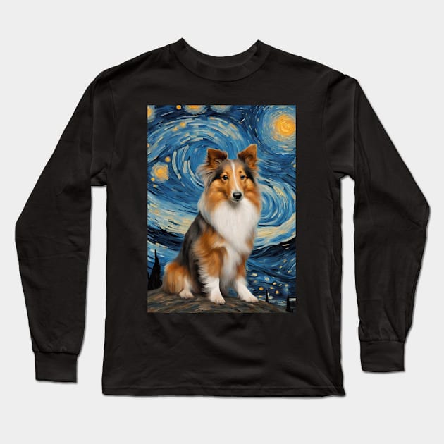 Shetland Sheepdog Dog Breed Painting in a Van Gogh Starry Night Art Style Long Sleeve T-Shirt by Art-Jiyuu